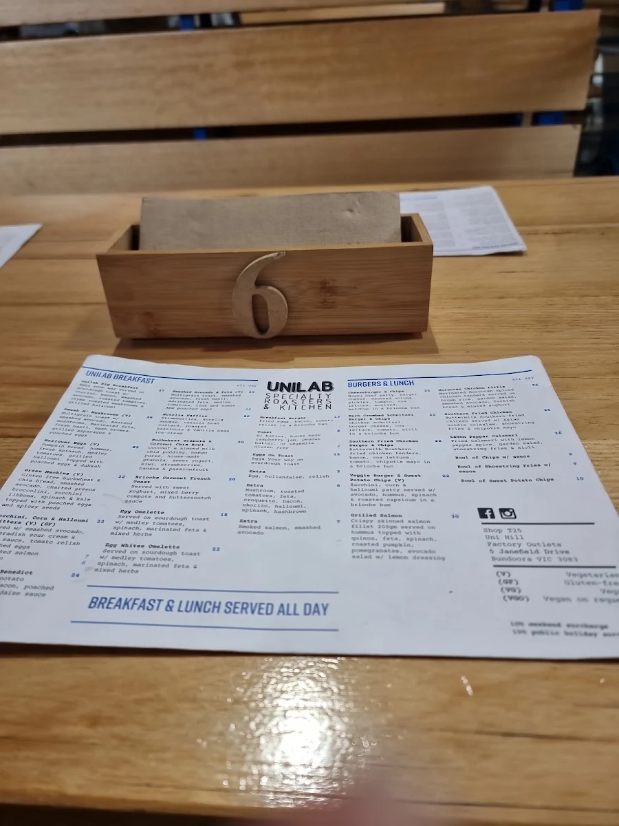 Menu, Unilab Specialty Roasters & Kitchen