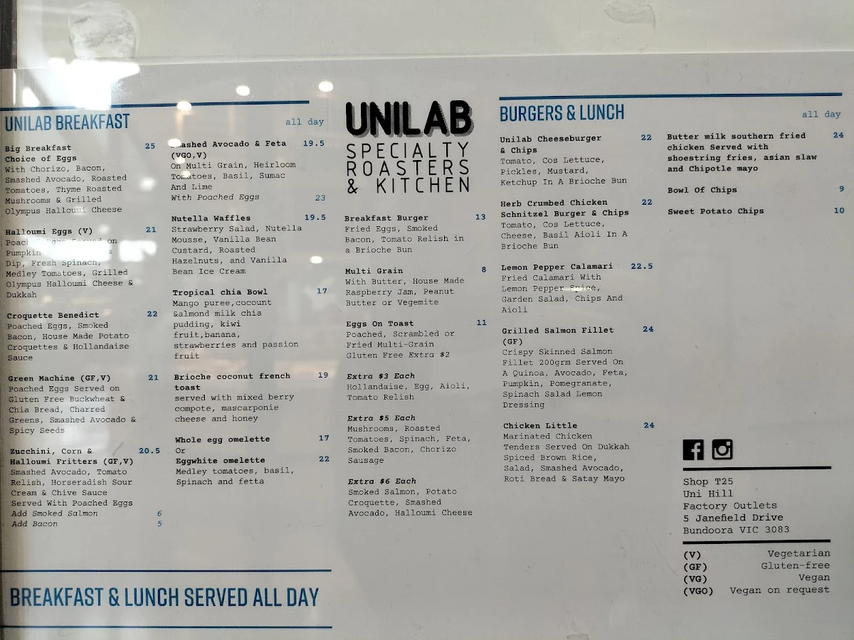 Menu, Unilab Specialty Roasters & Kitchen