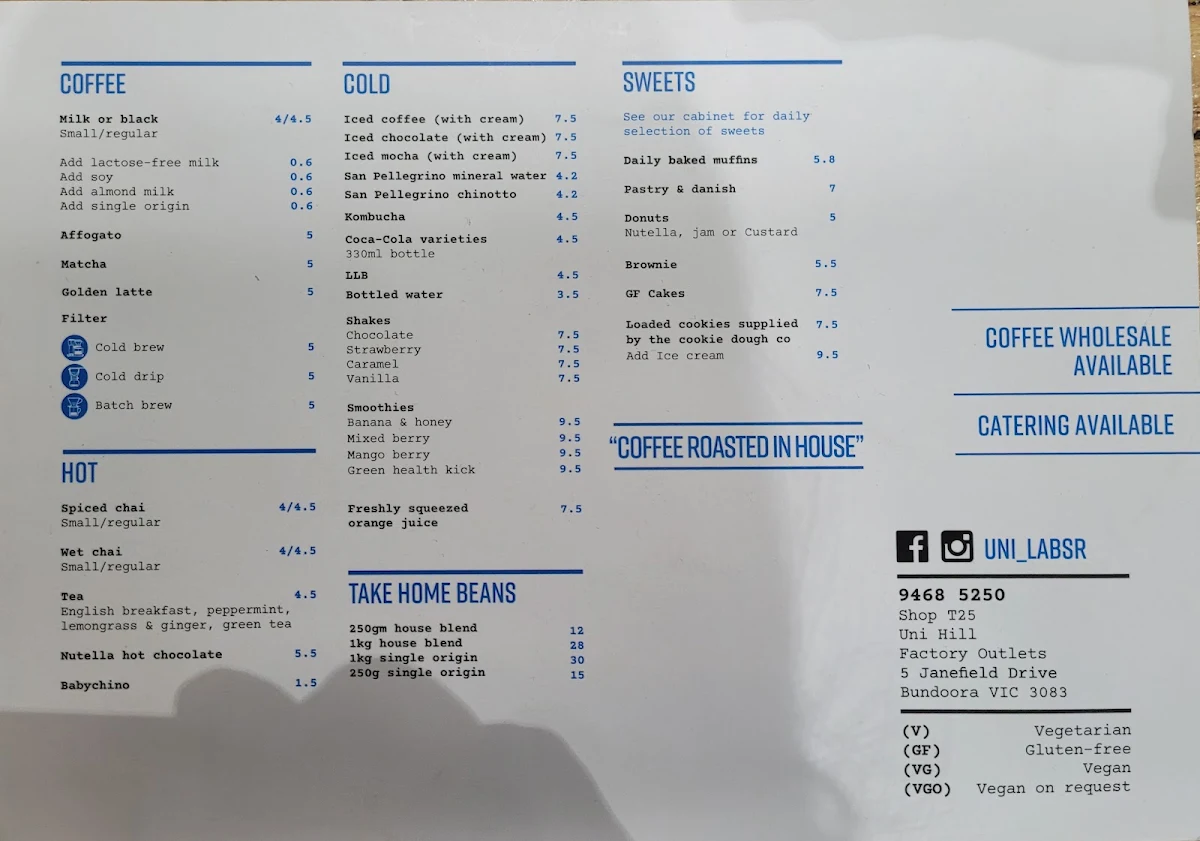 Menu, Unilab Specialty Roasters & Kitchen