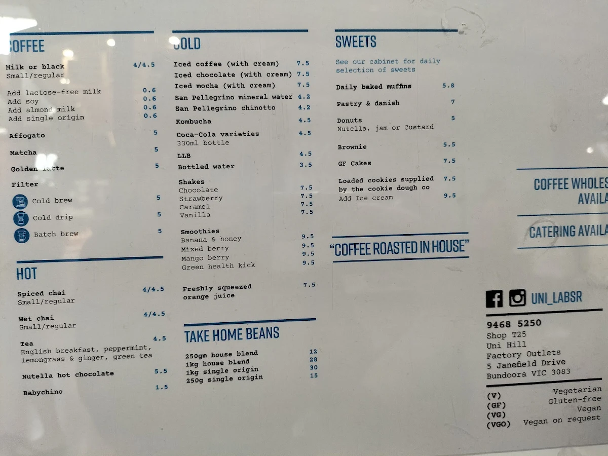 Menu, Unilab Specialty Roasters & Kitchen