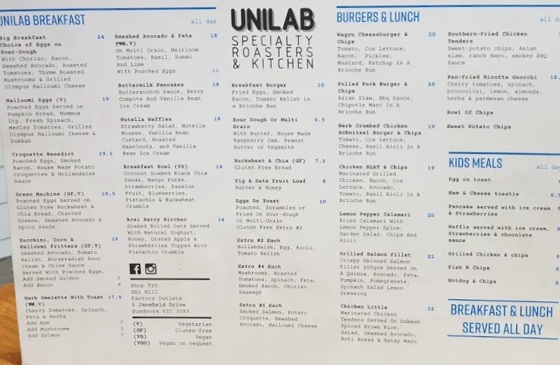 Menu, Unilab Specialty Roasters & Kitchen