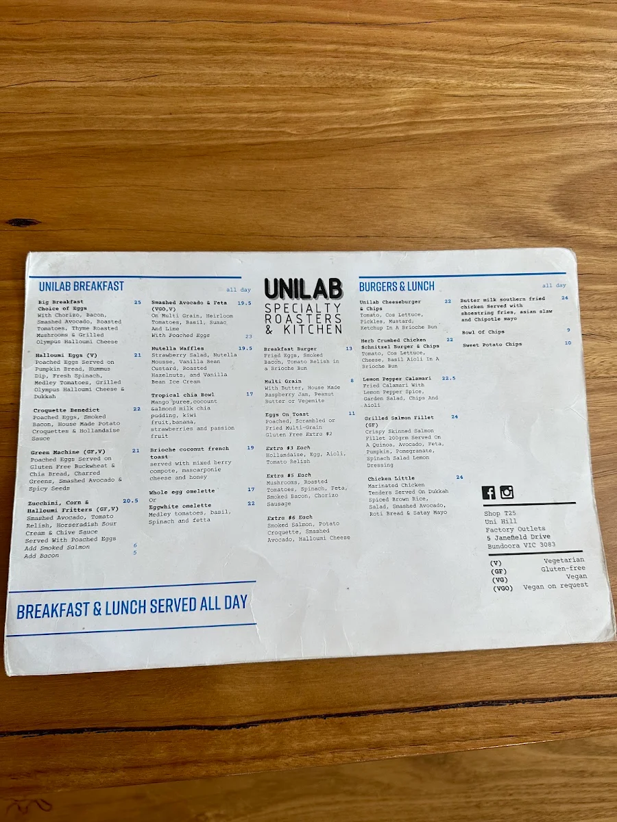 Menu, Unilab Specialty Roasters & Kitchen