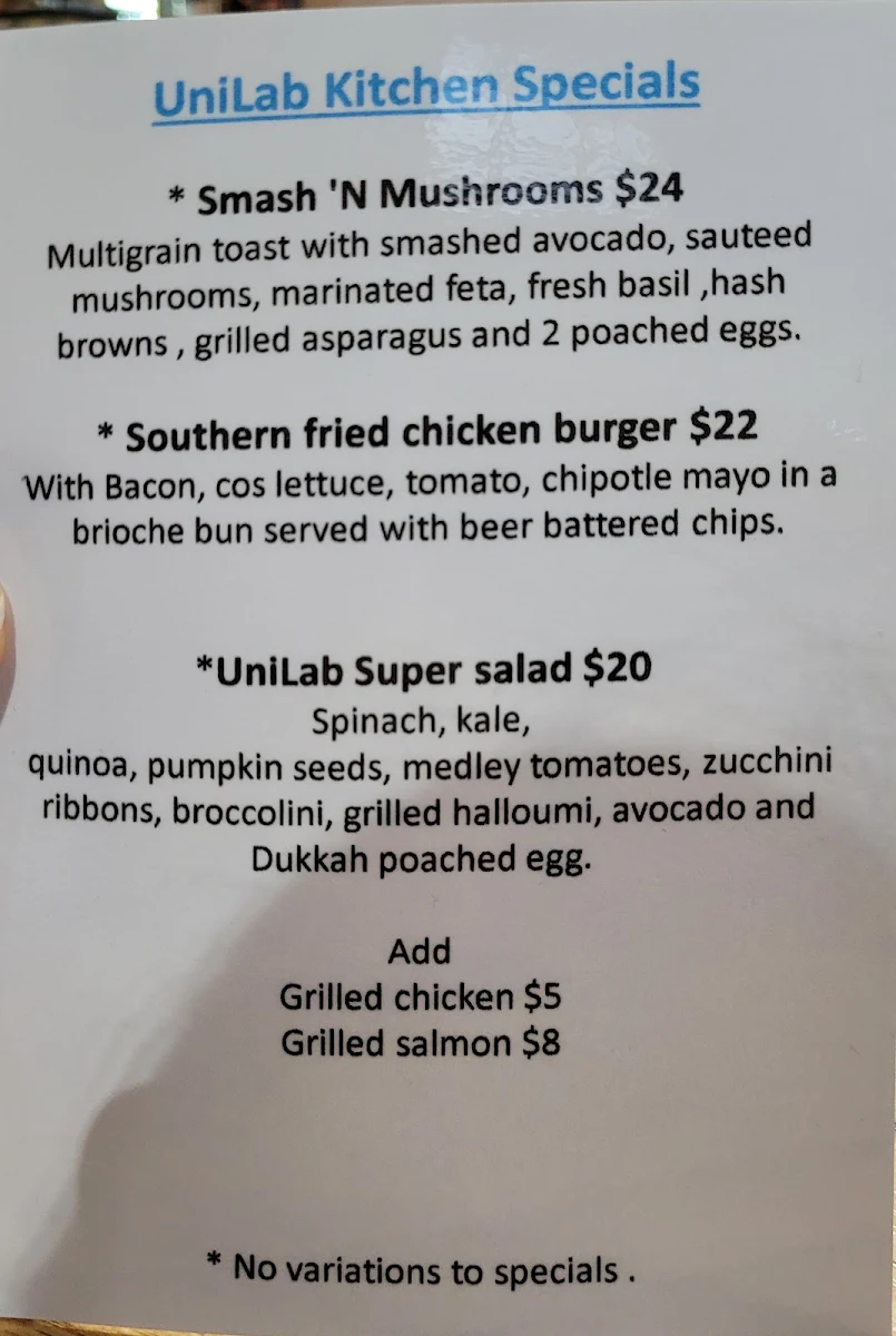 Menu, Unilab Specialty Roasters & Kitchen
