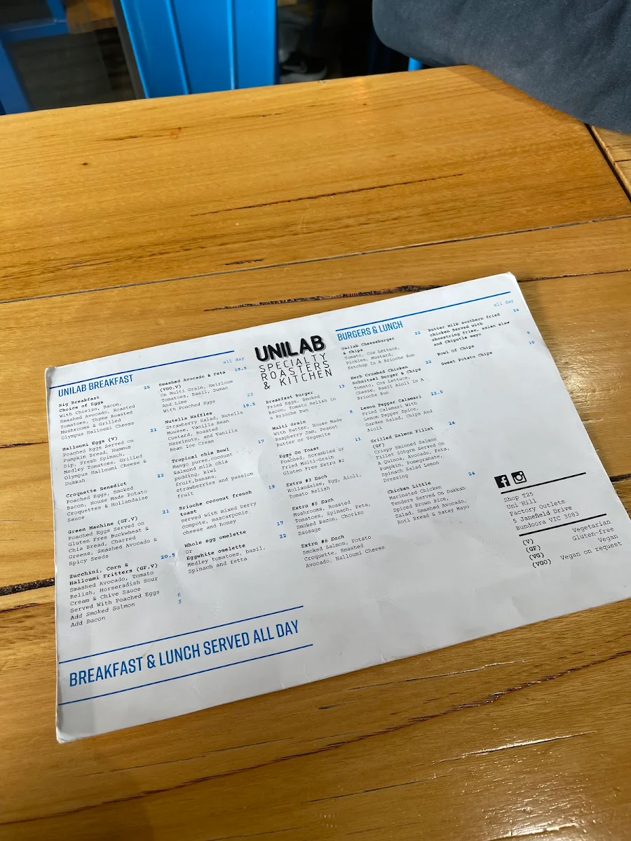 Menu, Unilab Specialty Roasters & Kitchen
