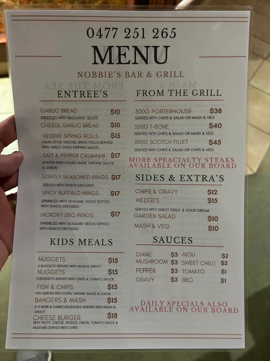 Menu, Nobbies Bar & Grill