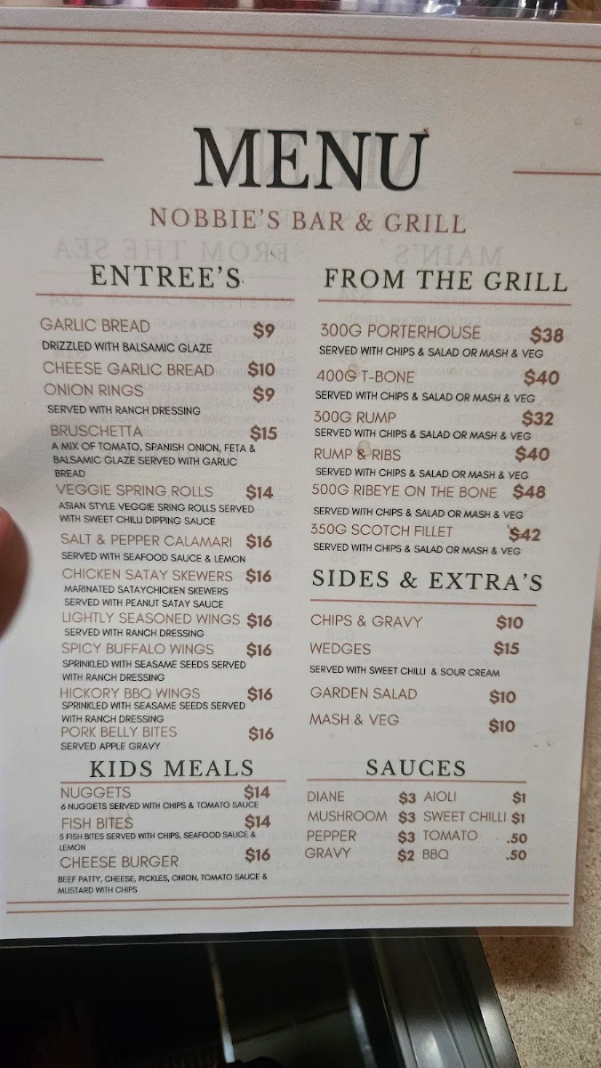 Menu, Nobbies Bar & Grill