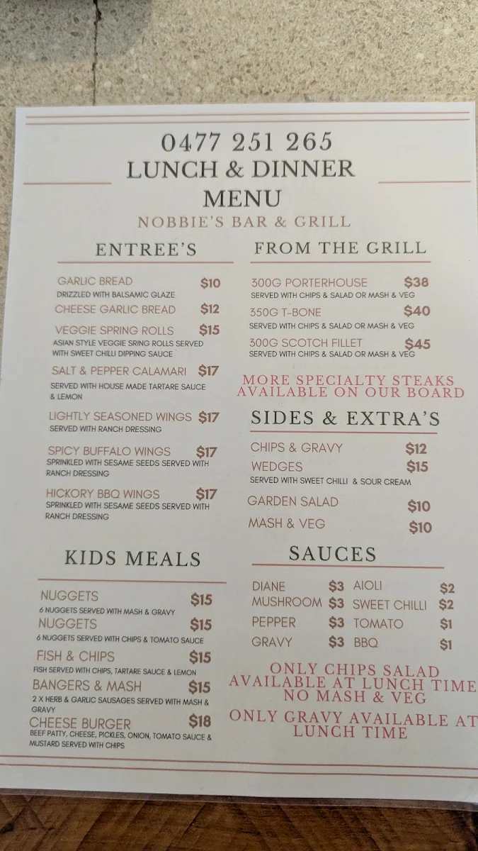 Menu, Nobbies Bar & Grill