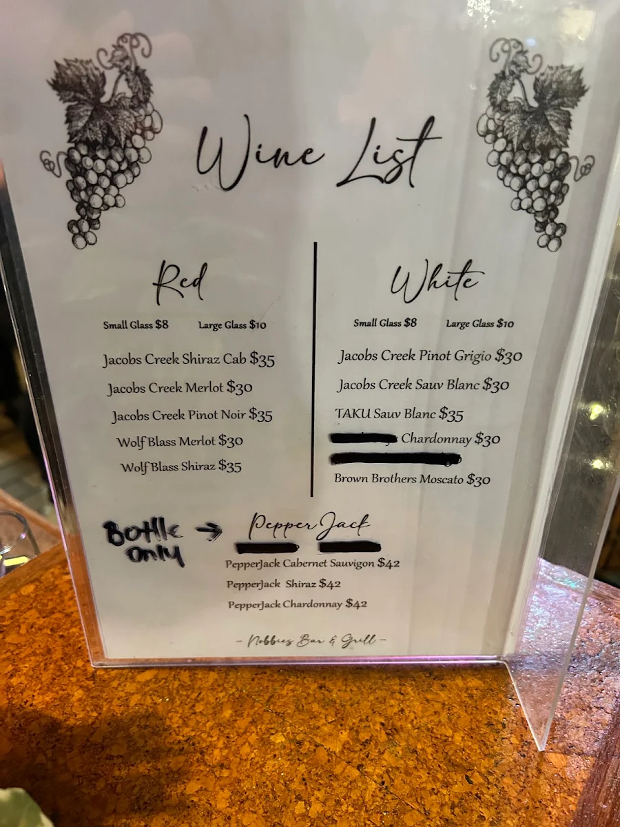 Menu, Nobbies Bar & Grill