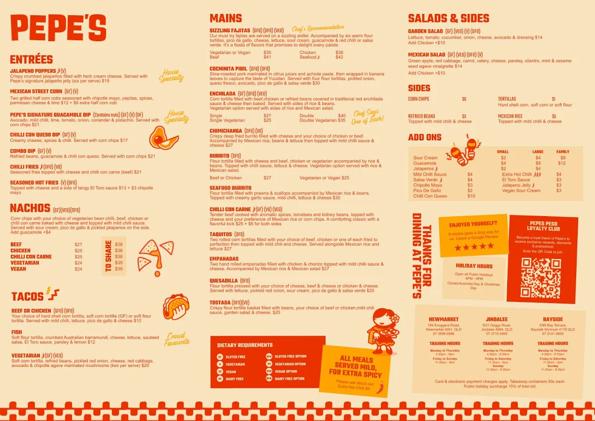 Menu, Pepe's Mexican Restaurant at Jindalee
