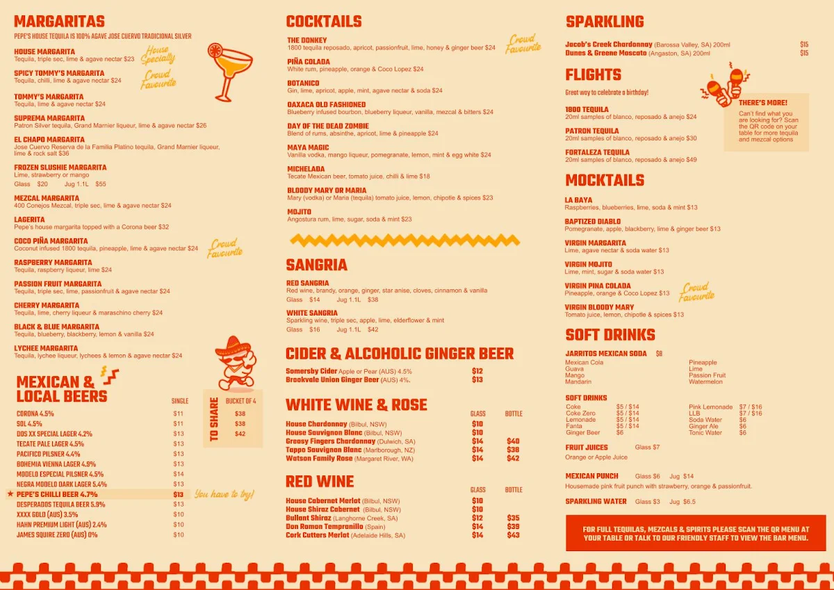 Menu, Pepe's Mexican Restaurant at Jindalee