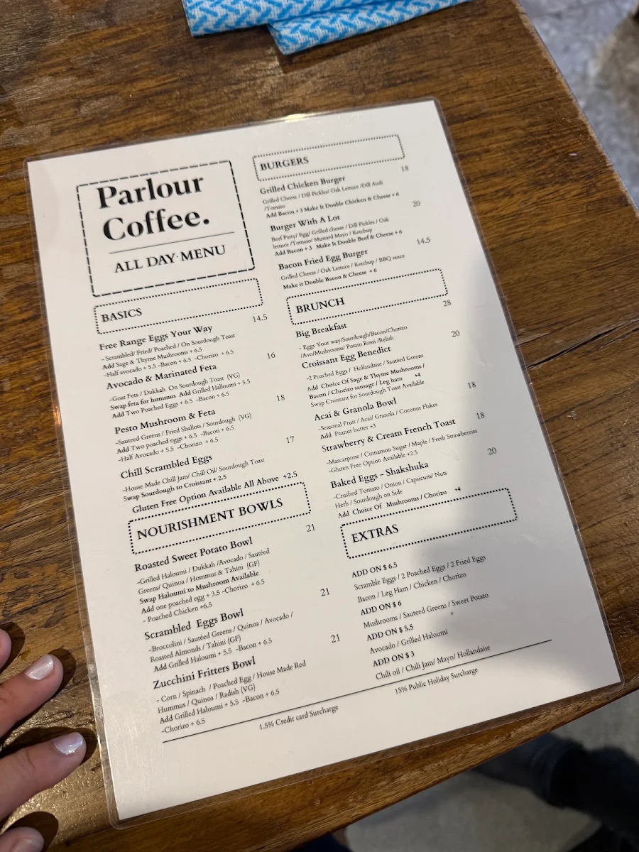 Menu, Parlour Coffee
