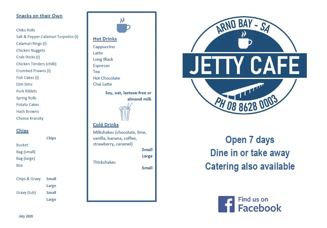 Menu, Arno Bay Jetty Cafe