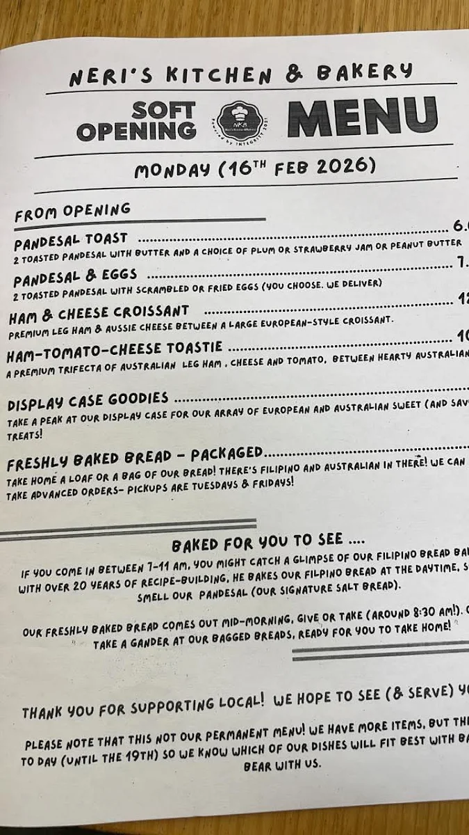 Menu, Neri’s Kitchen and Bakery