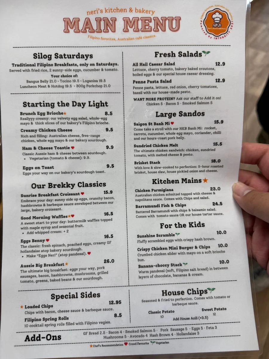 Menu, Neri’s Kitchen and Bakery