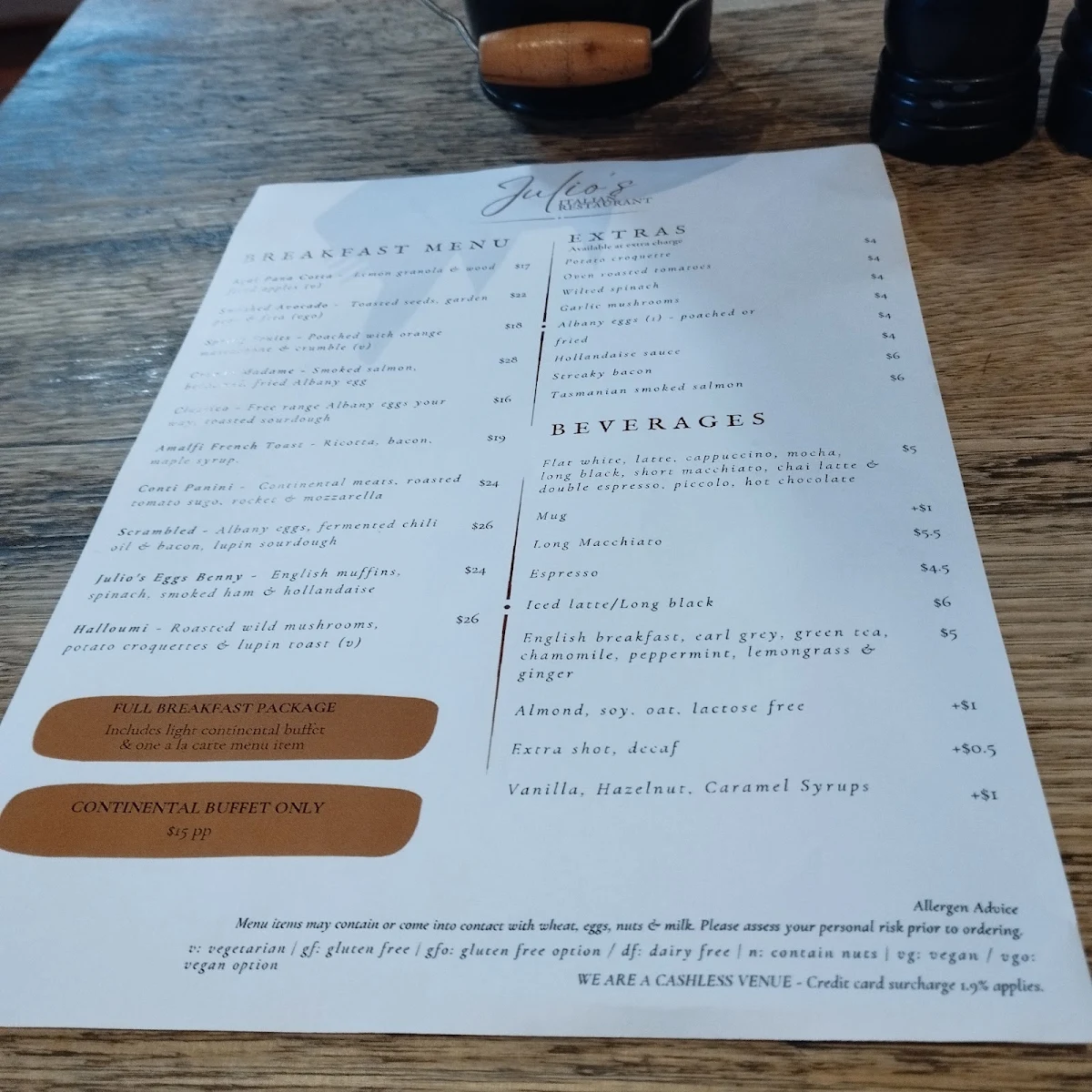 Menu, Julio's Italian Restaurant