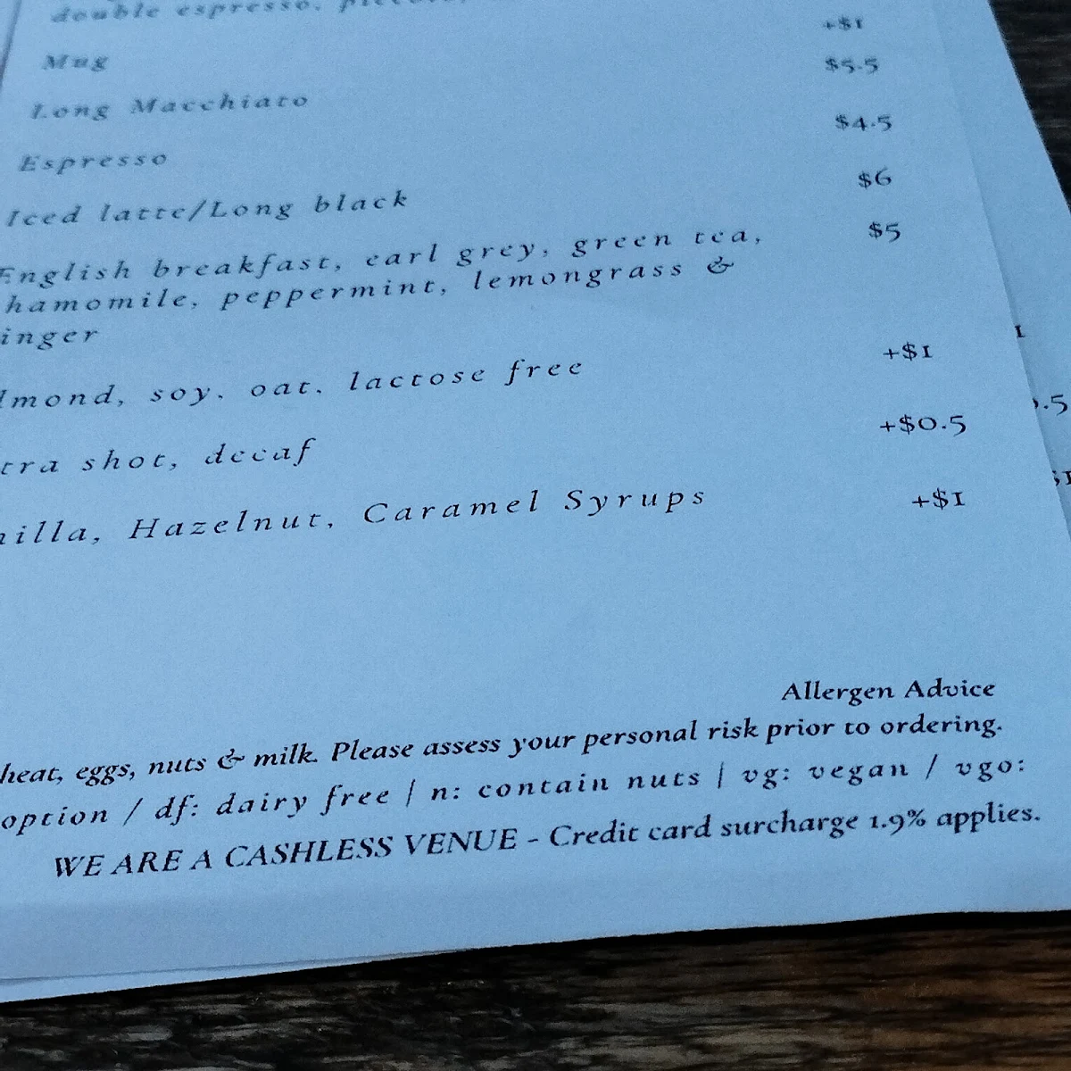Menu, Julio's Italian Restaurant