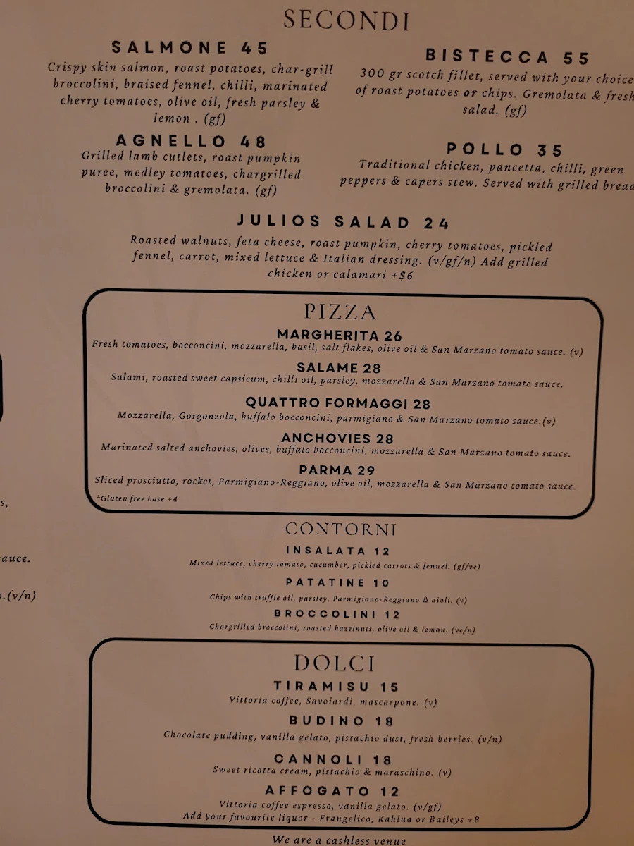 Menu, Julio's Italian Restaurant