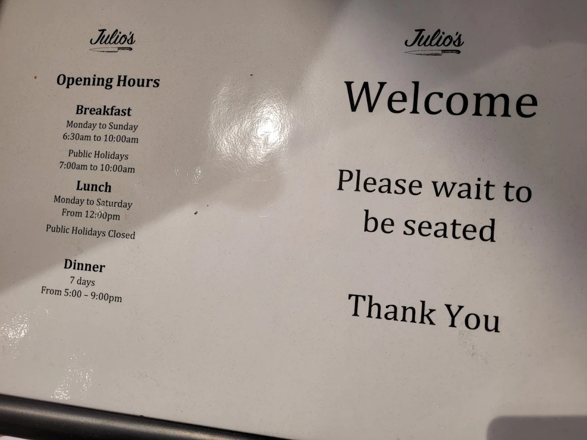 Menu, Julio's Italian Restaurant