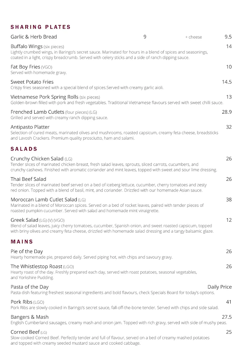 Menu, Baringo Food and Wine Co.