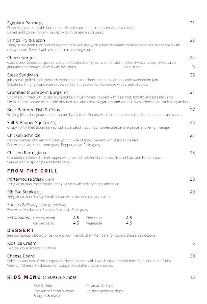 Menu, Baringo Food and Wine Co.