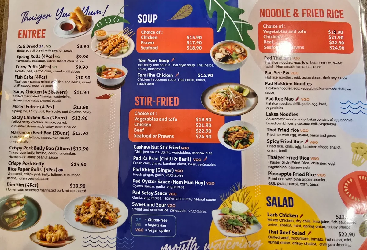 Menu, Thaiger Dine In & Takeaway