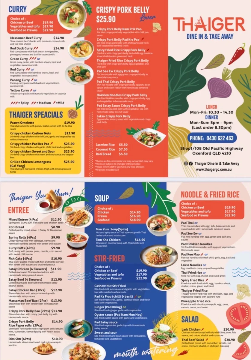 Menu, Thaiger Dine In & Takeaway