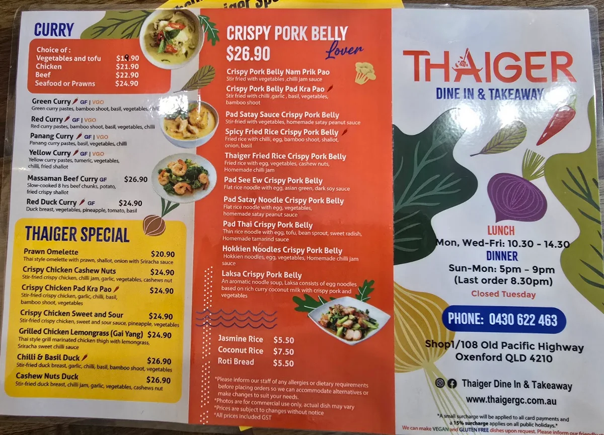 Menu, Thaiger Dine In & Takeaway