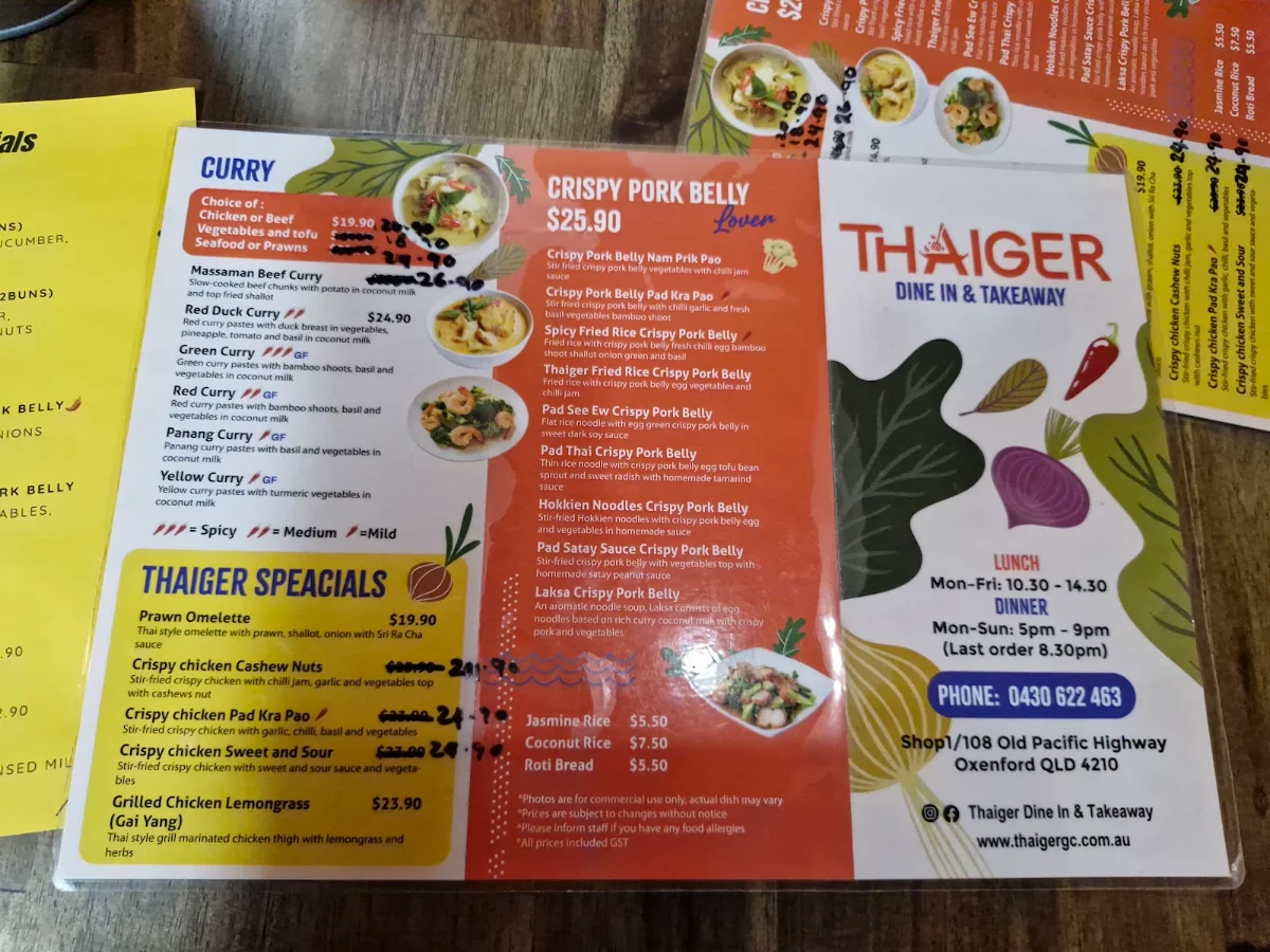Menu, Thaiger Dine In & Takeaway