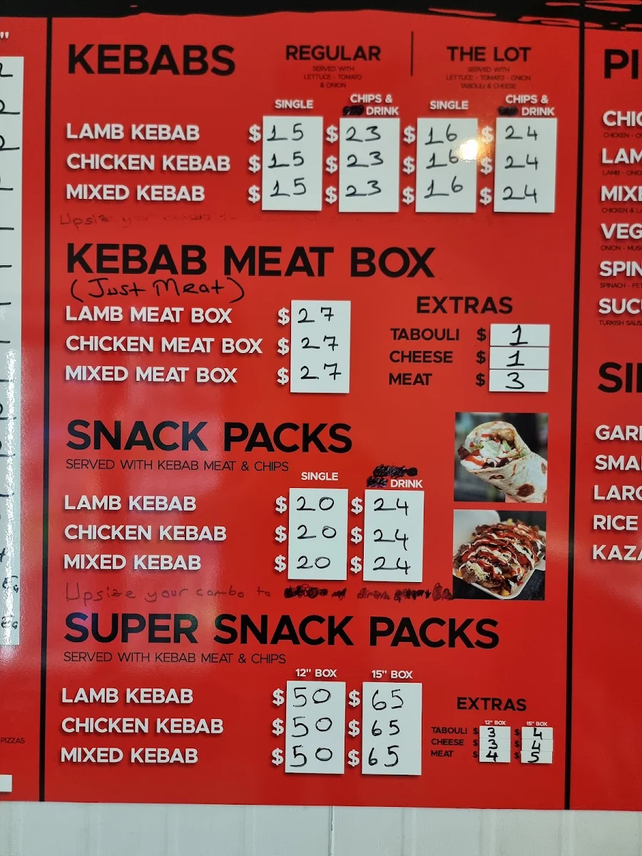Menu, Humpty Doo kebabs and pizza