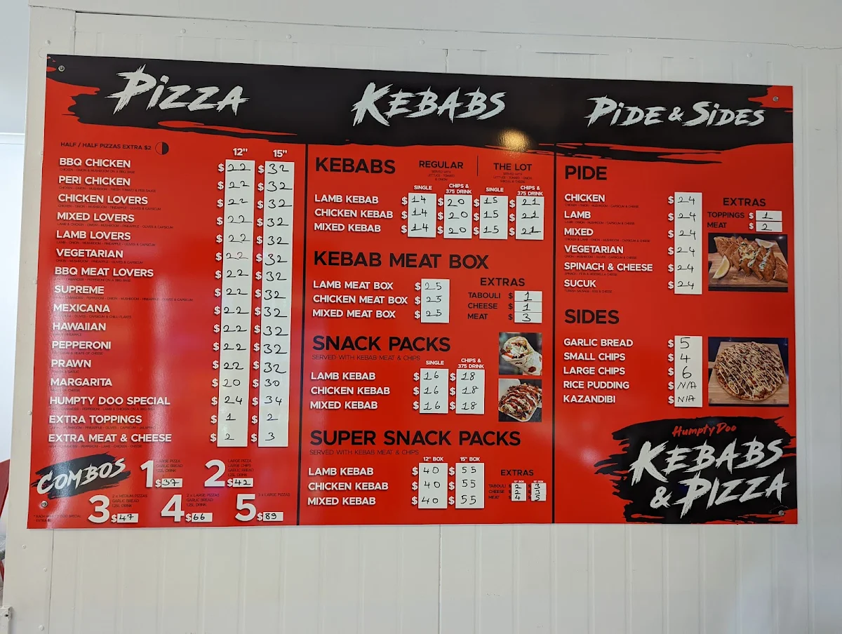 Menu, Humpty Doo kebabs and pizza