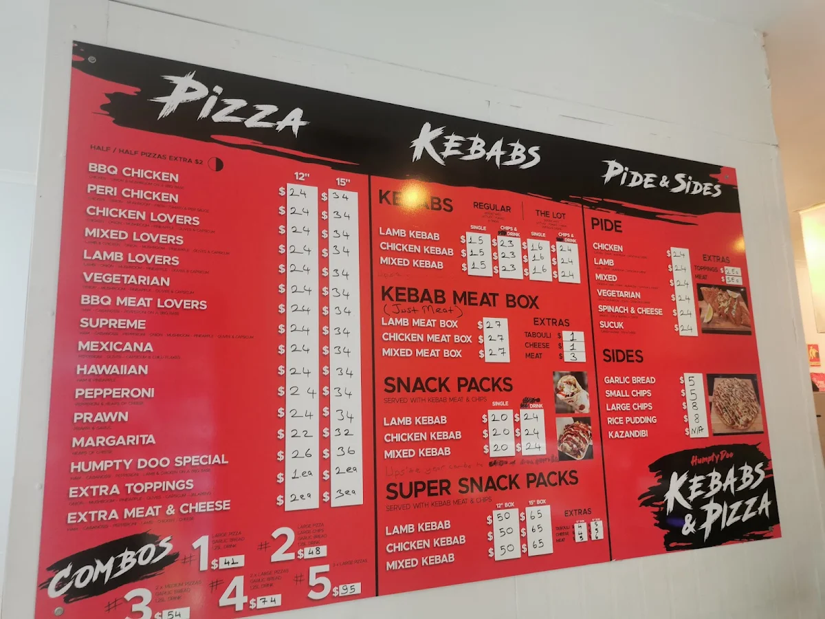 Menu, Humpty Doo kebabs and pizza