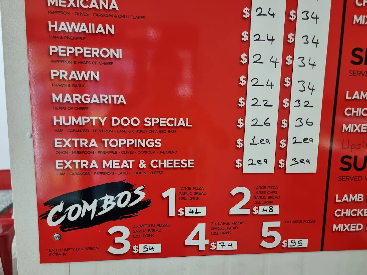 Menu, Humpty Doo kebabs and pizza