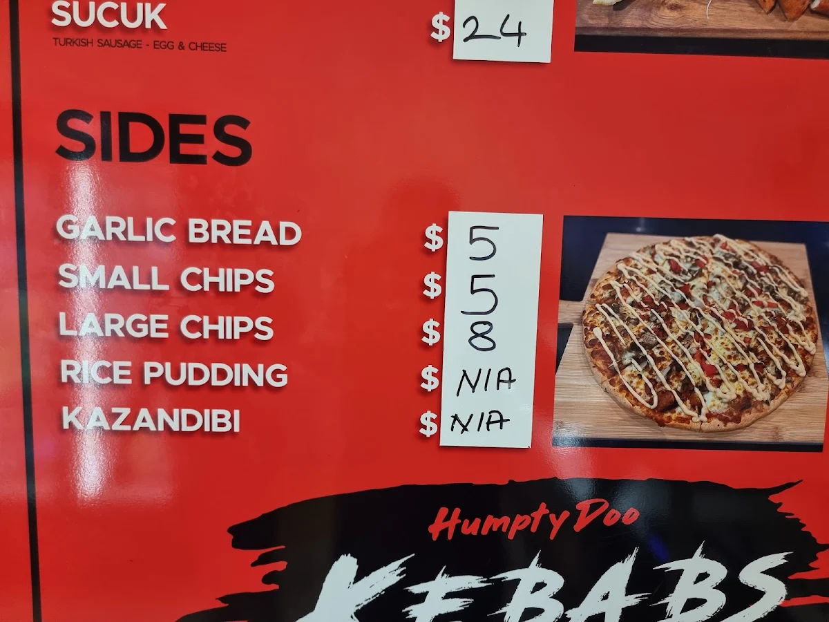 Menu, Humpty Doo kebabs and pizza