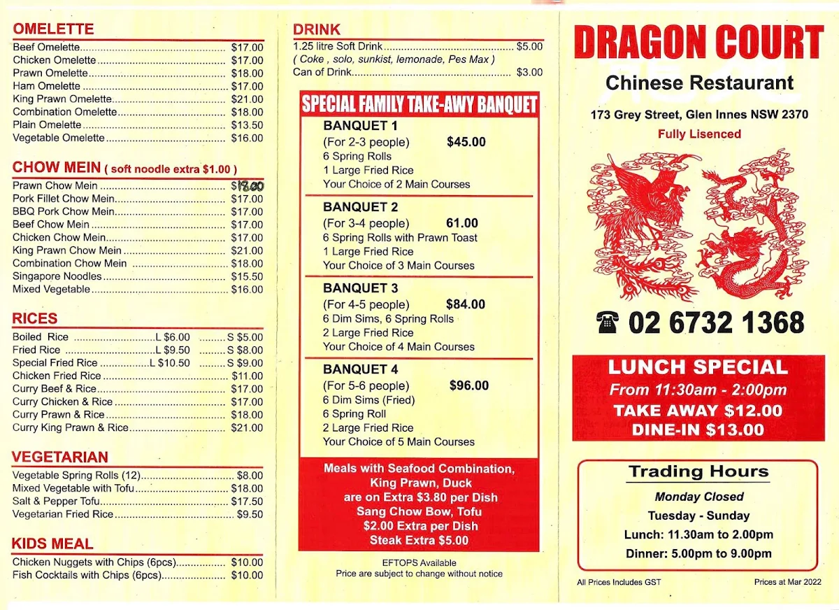 Menu, Dragon Court Restaurant