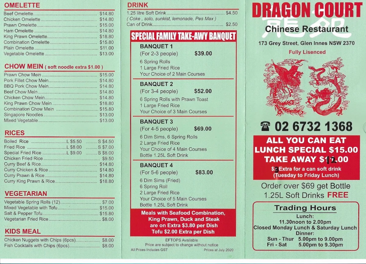Menu, Dragon Court Restaurant