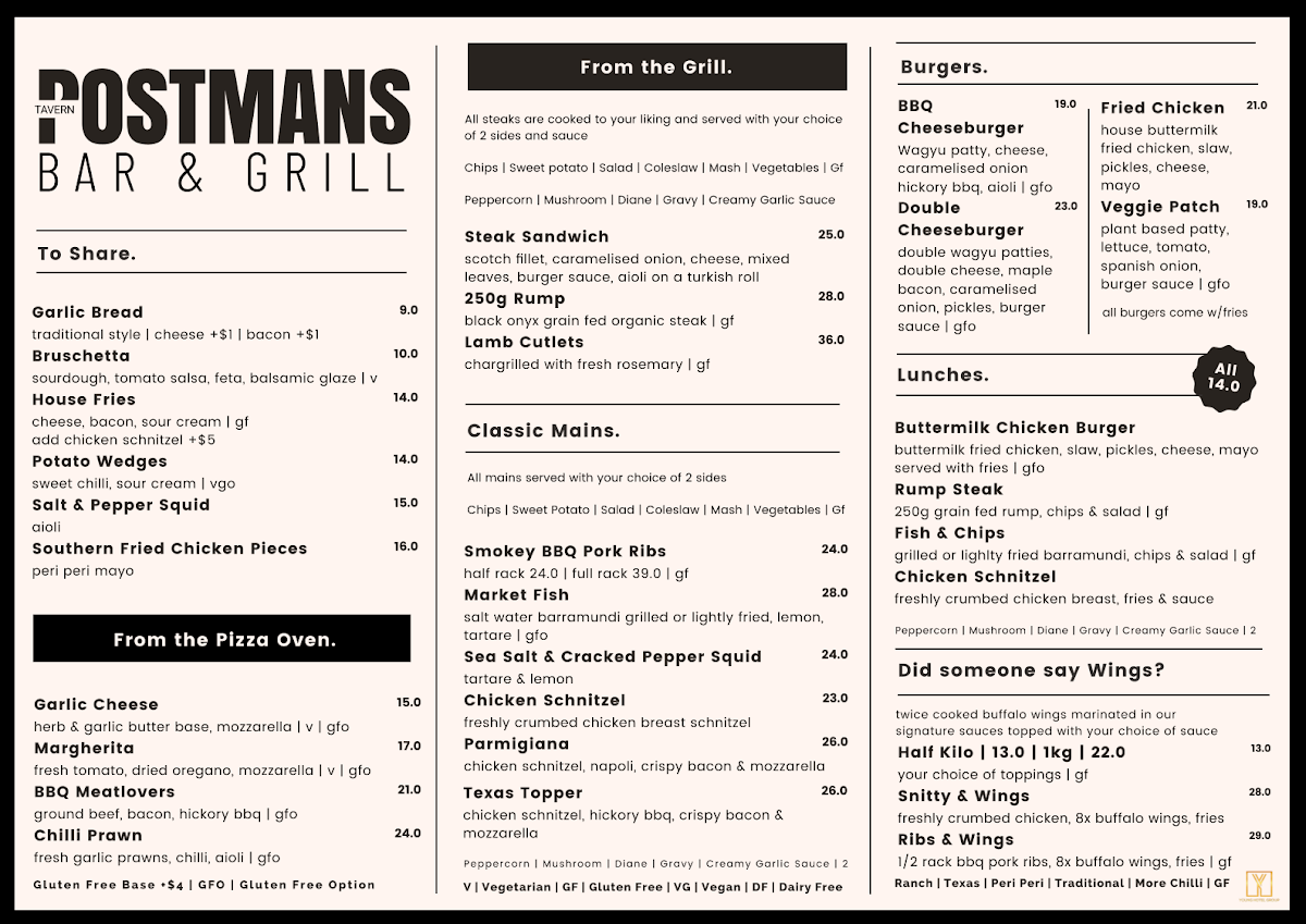 Menu, Postman's Tavern