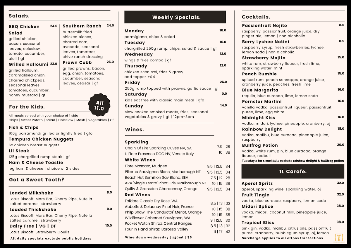 Menu, Postman's Tavern
