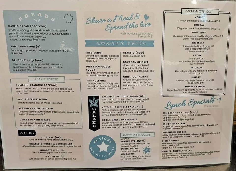 Menu, Postman's Tavern