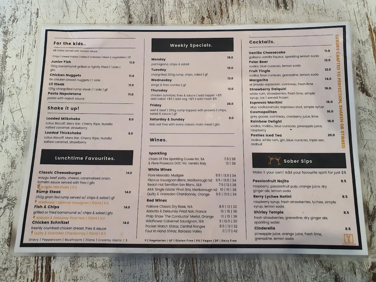 Menu, Postman's Tavern