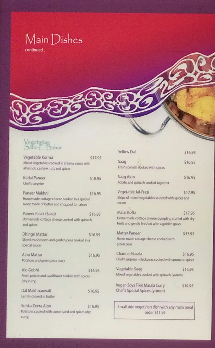 Menu, The Tandoori Place