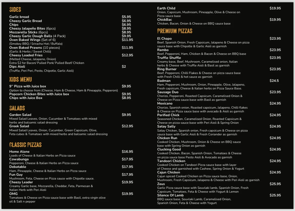 Menu, Dough Boys Pizza