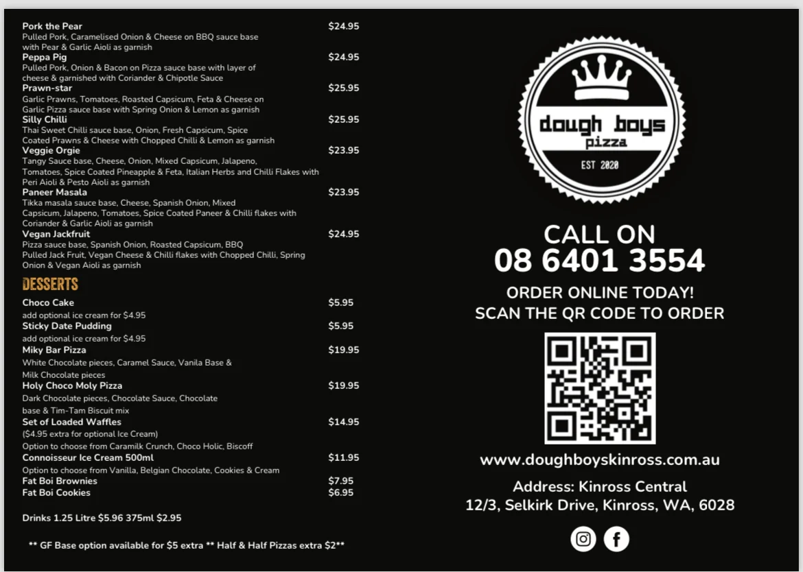 Menu, Dough Boys Pizza