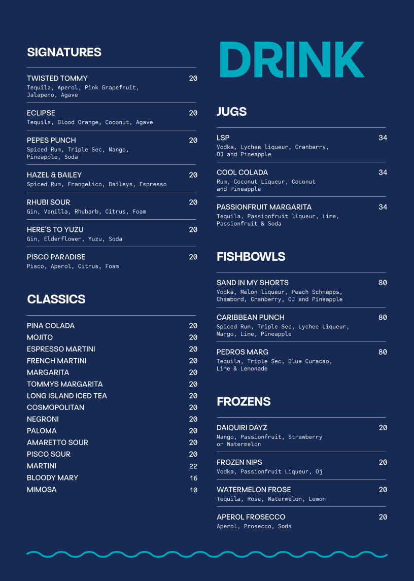 Menu, Pepe's On The Beach