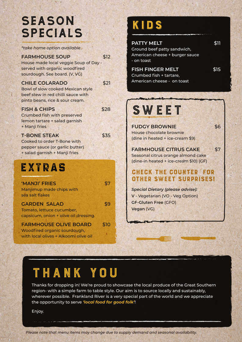 Menu, Frankland Farmhouse Diner