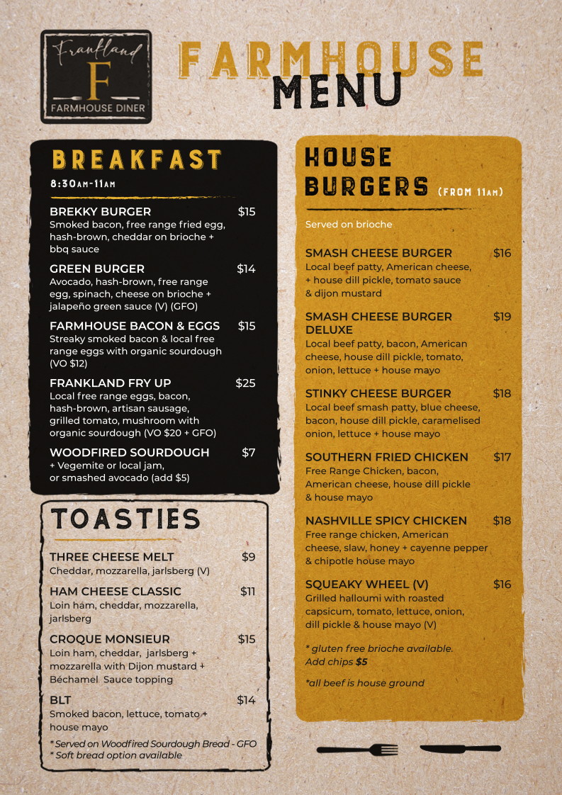Menu, Frankland Farmhouse Diner