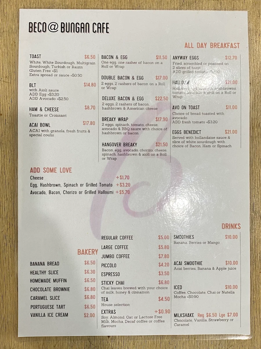 Menu, Beco @ Bungan Cafe