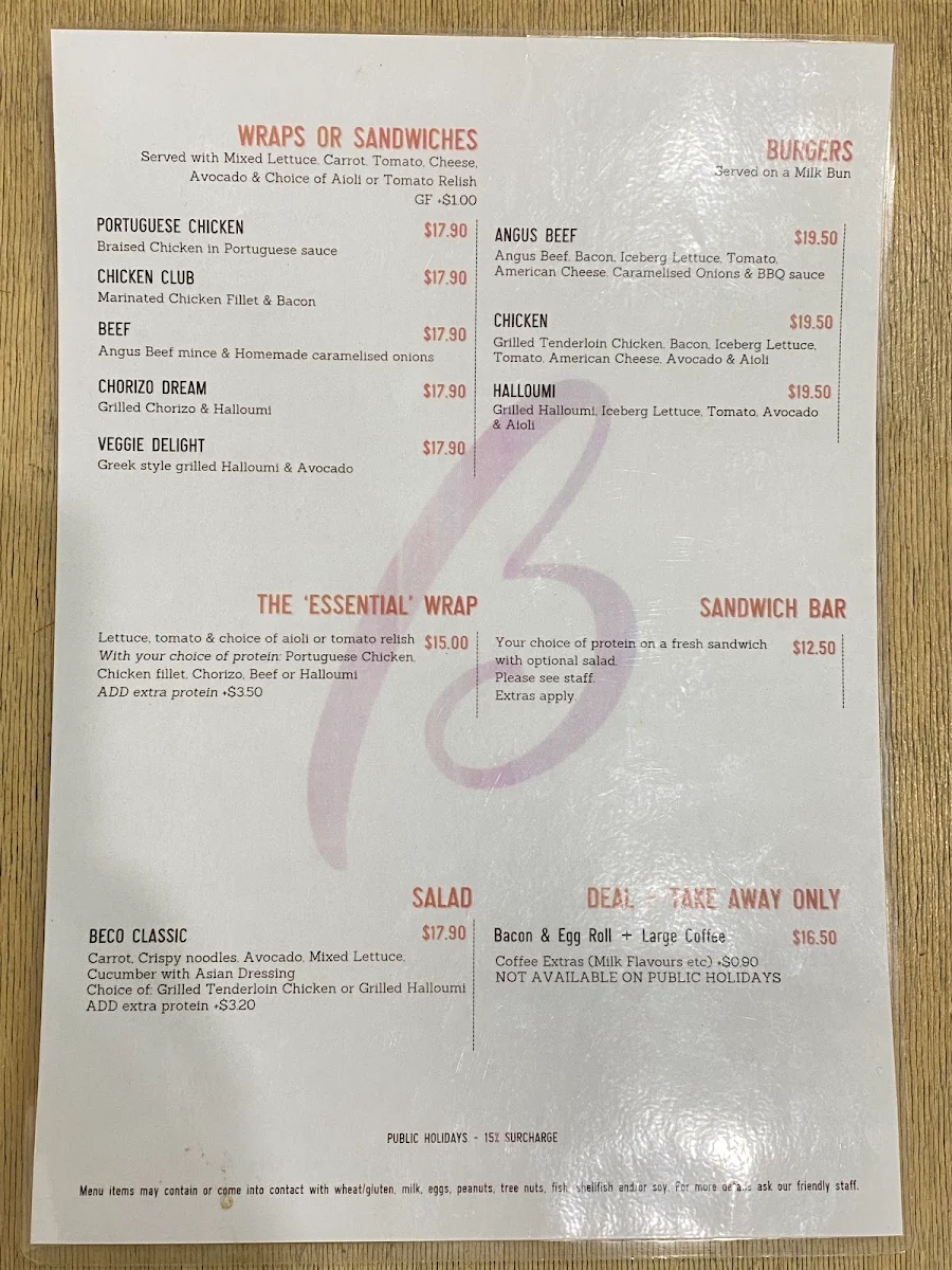 Menu, Beco @ Bungan Cafe