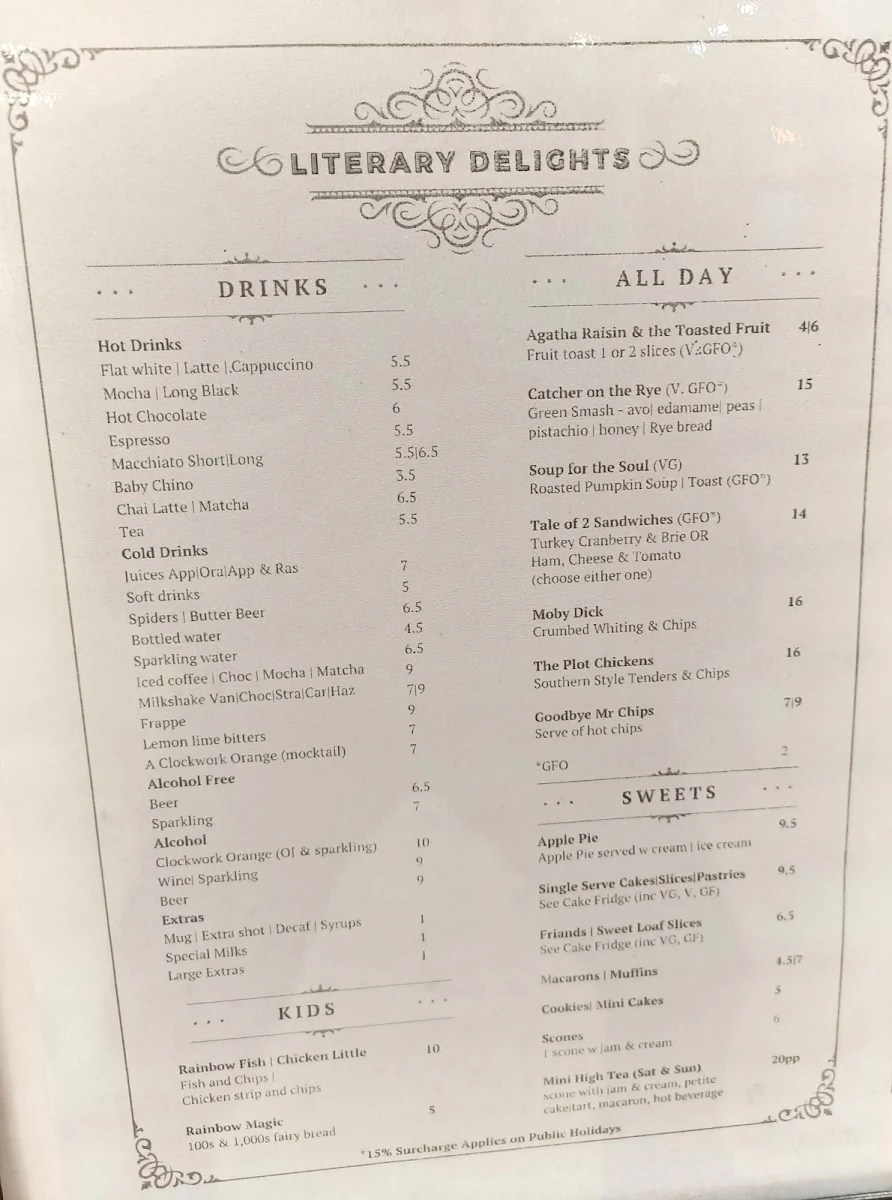 Menu, Robinsons Books Coffee Shop