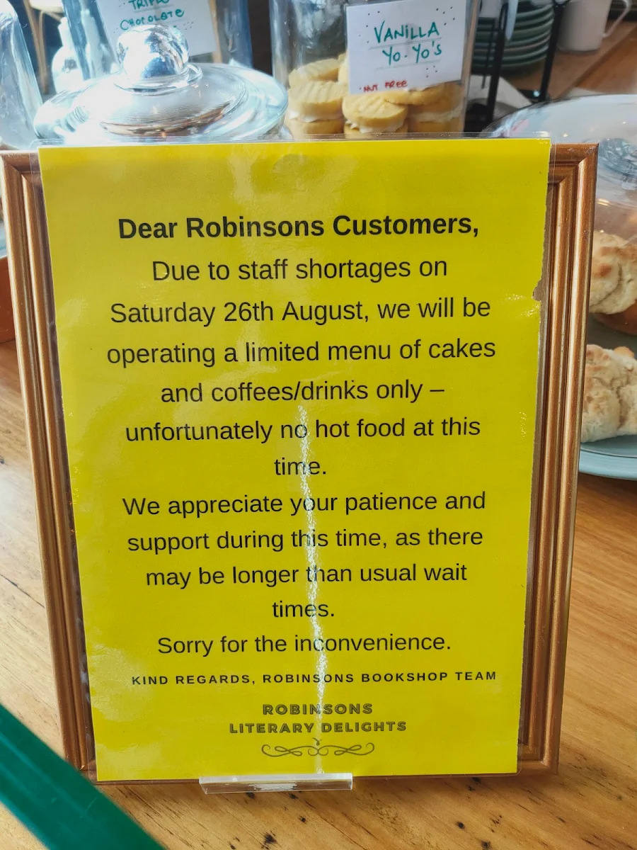Menu, Robinsons Books Coffee Shop