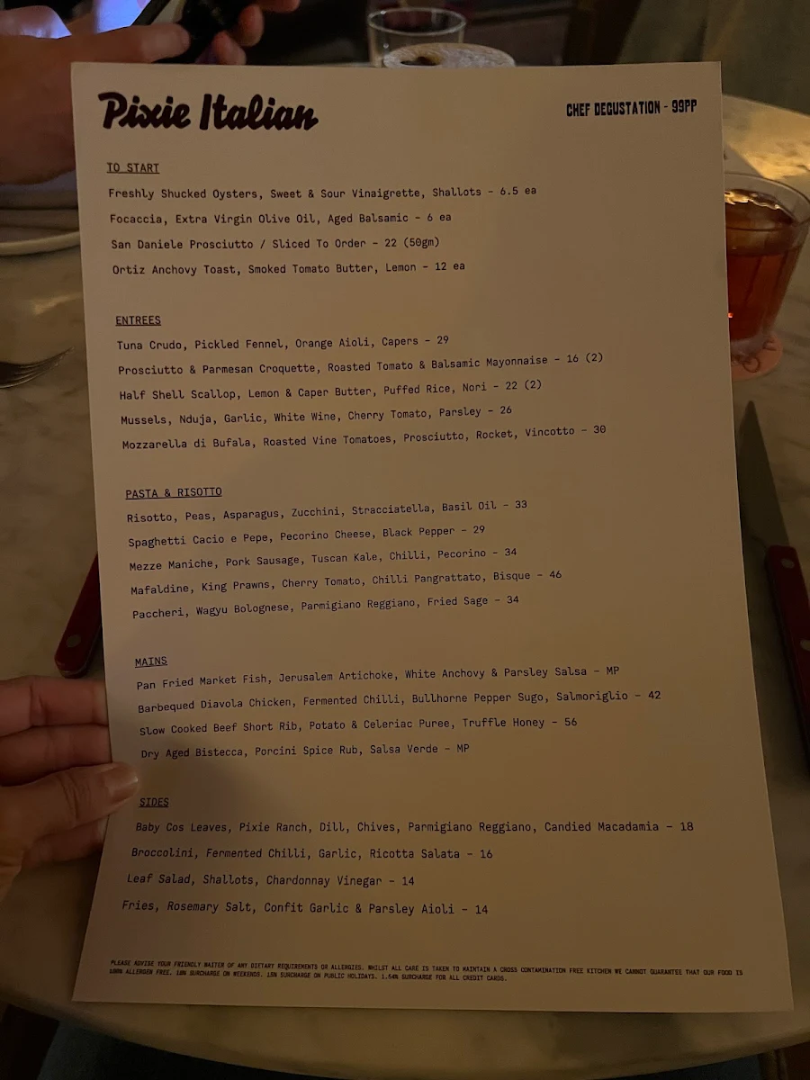 Menu, Pixie Italian